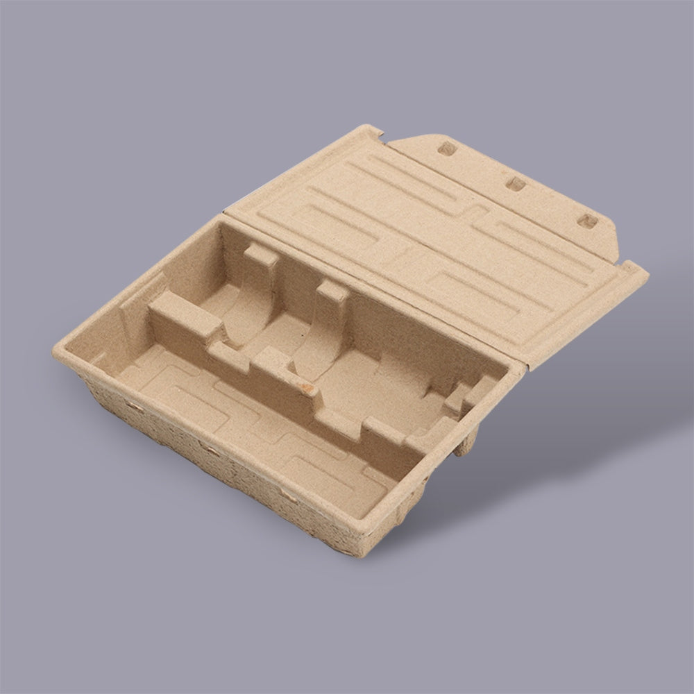 Caja de embalaje biodegradable tipo concha de caña de azúcar color trigo personalizada