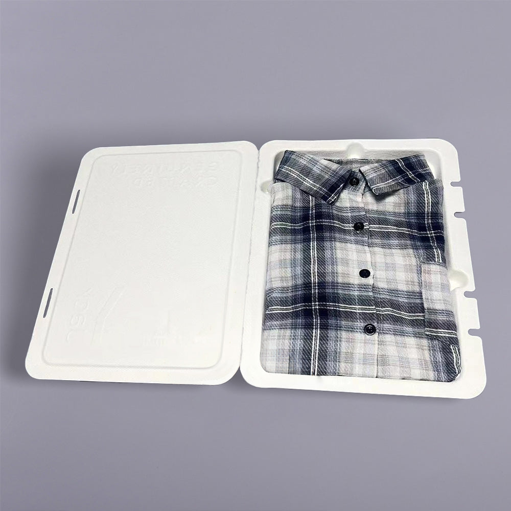 Embalaje biodegradable con bisagras para prendas de vestir